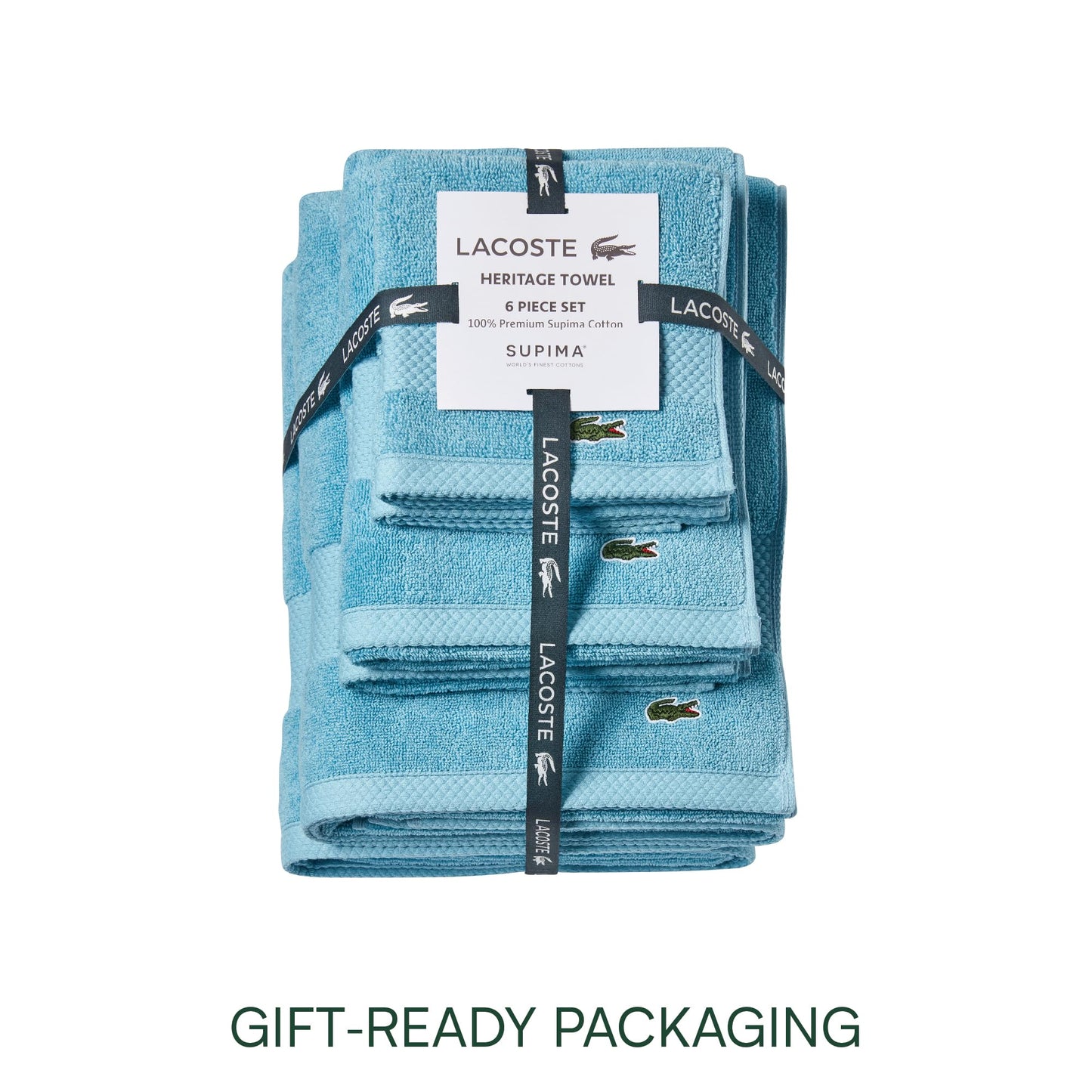 Lacoste Heritage Anti-Microbial Supima Cotton 6-Piece Towel Set, 2 Bath Towels, 2 Hand Towels, 2 Washcloths, Celestial Blue – Highly Absorbent & Quick Drying, Bathroom Essential, Machine Washable
