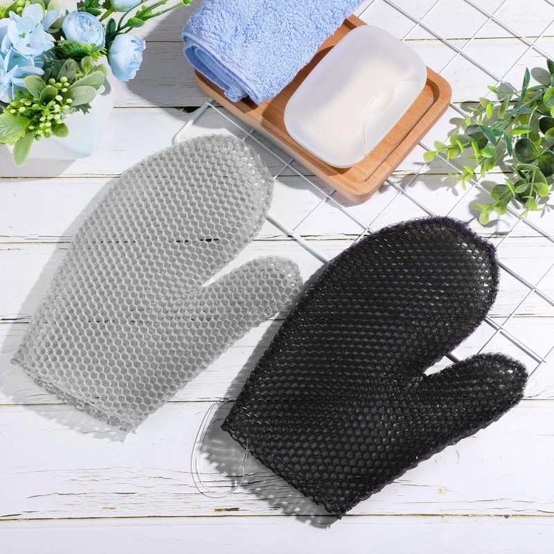Karenhi 2 Pcs Honeycomb Exfoliating Glove Bath Mitt Body Spa Scrubber, Honeycomb Exfoliator Glove for Body Shower, Scrubber Sponge Shower Loofah, Quick Drying (Black,Grey)