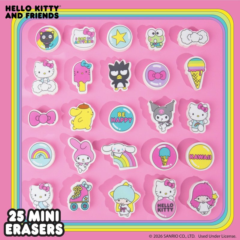 Hello Kitty® and Friends 25 Mini Erasers, Includes Cute Sanrio Erasers with My Melody, Cinnamoroll, Keroppi, Chococat, Pompompurin & More, Kawaii Sanrio Merch, Office & School Supplies