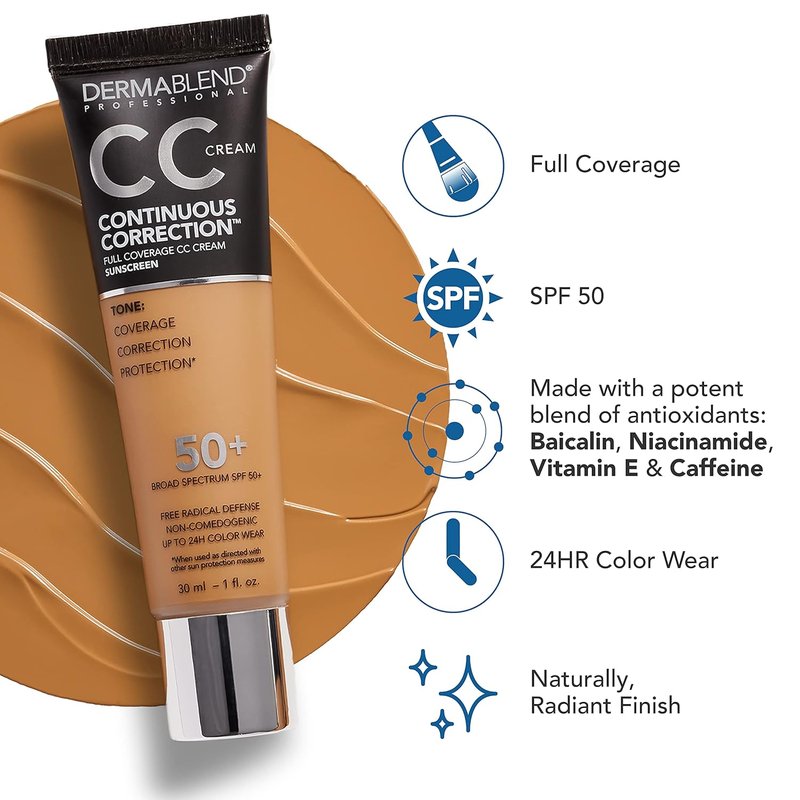 Dermablend Continuous Correction CC Cream Foundation SPF 50+ - Full Coverage, Oil-Free Makeup