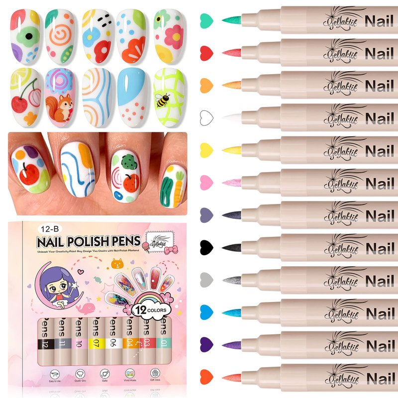 GELLAKTIK 12 Colors Nail Art Pens Set, 3D Nail Polish Pens Quick-Drying Acrylic Paint Markers, Dotting Liner Brush for DIY Nail Design, Home & Salon Manicure Tools