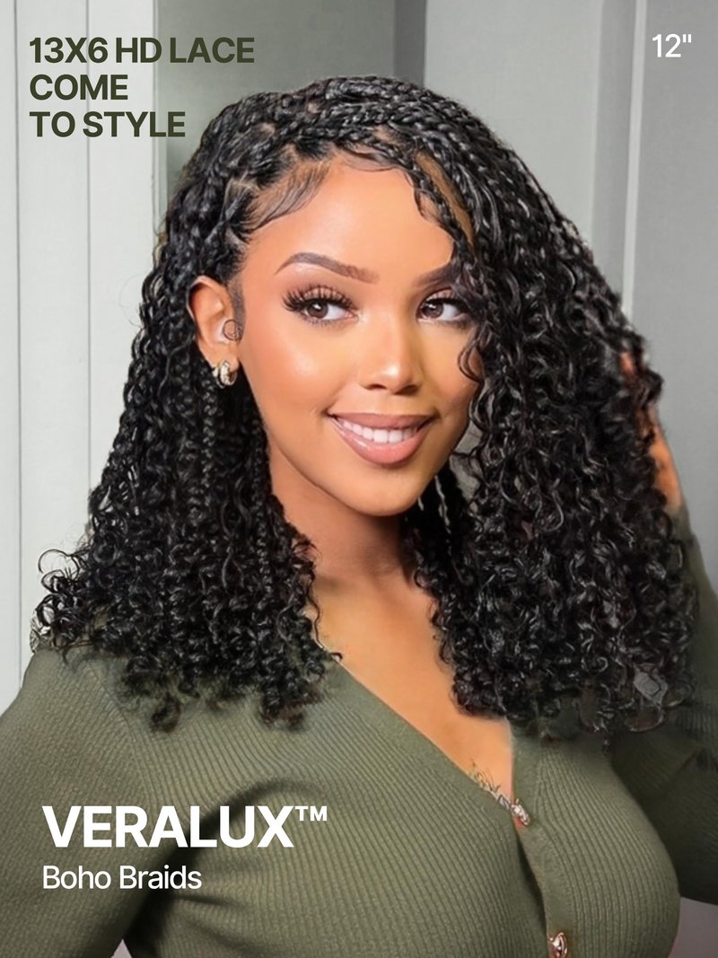 Frodio Veralux™ 13x6 HD Lace Frontal Wig Glueless 12" Cruly Boho Braids Water Wave Pre-Cut Lace Wig Premium Fiber Braided Beginner Friendly 12 Inches Natural Black
