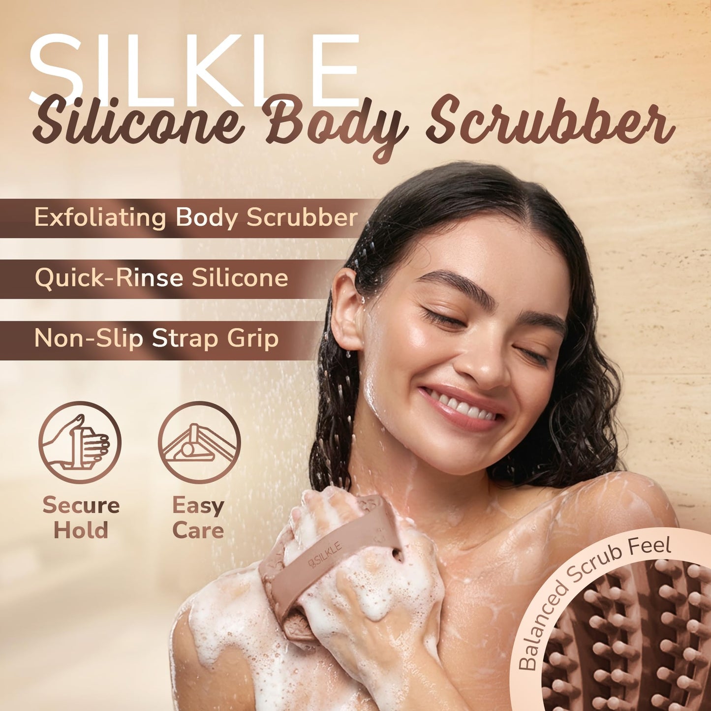 SILKLE Silicone Body Scrubber – Gentle Exfoliating Shower Scrubber for Body & Bath, Silicone Shower Brush & Loofah Alternative – Non-Slip Silicone Body Brush, Quick Dry, Hygienic - Brown