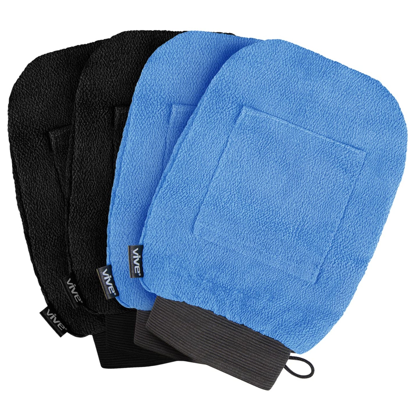 Vive Exfoliating Mitts for Body (4 Pack) - Scrub Gloves with Soap-Saver Pocket - Body Exfoliate Shower Dead Skin Remover - Deep Microdermabrasion Exfoliator for Kerastosis Pilaris - Premium