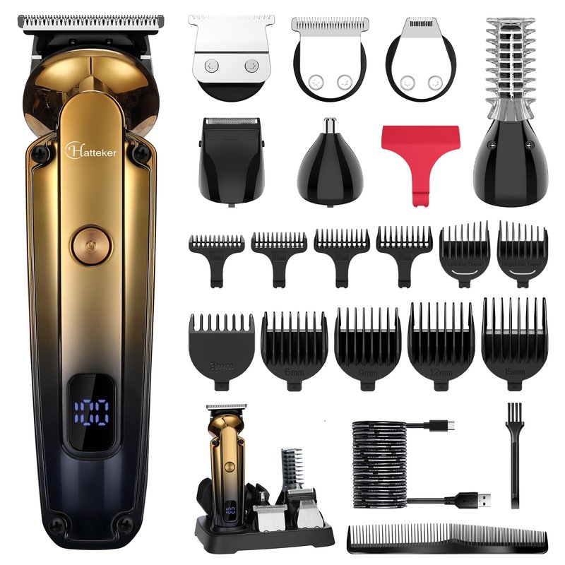 Hatteker Men's Beard Trimmer Kit Electric Razor Shaver Professional Hair Clipper with Zero Gapped T-Blade Nose Ear Beard Body Trimmer for Men Waterproof Cordless Grooming Kit 6 in 1