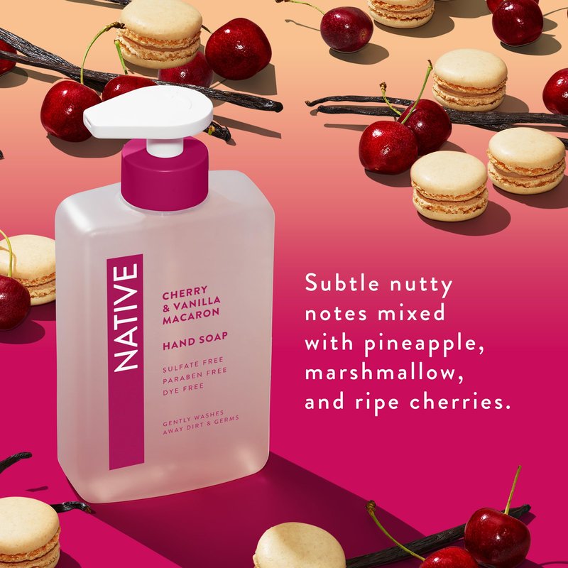 Native Liquid Hand Soap, Cherry & Vanilla Macaron Scent, Non-Drying Formula for Soft, Smooth Hands, Made with Plant-Based Cleansers, Sulfate & Paraben Free, 13 oz Bottle