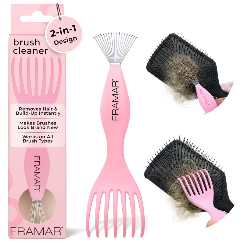 FRAMAR Premium Hair Brush Cleaner Tool – Hairbrush Cleaner Tool, Brush Cleaner Tool for All Types, Comb Cleaner – 2 in 1 Design Removes Hair & Build up Instantly – Pink