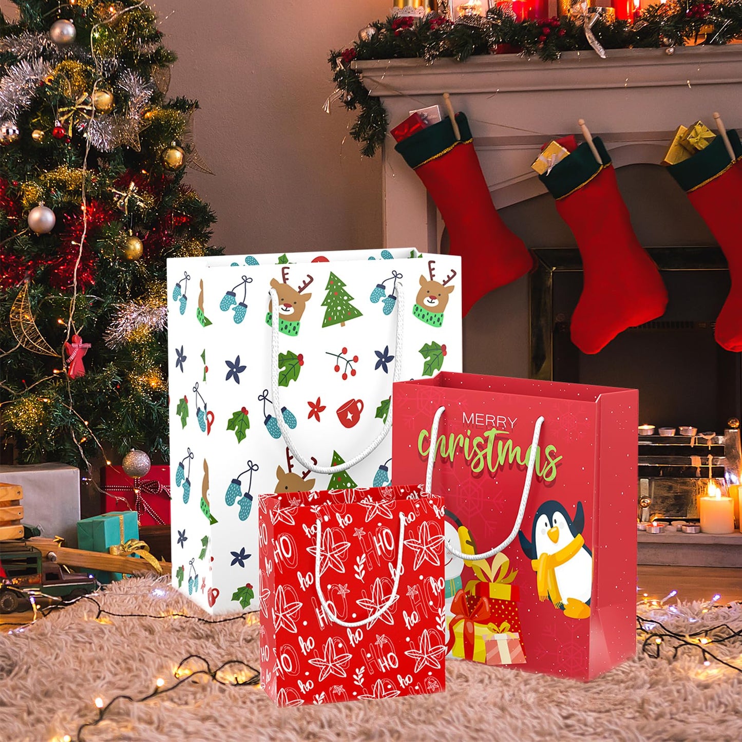 DeckTheHalls 12 PCS Christmas Gift Bags Presents Wrapping, Xmas Patents Gift Bags Candy Bags Decor Supplies for Classroom, Wedding, Birthday, Holiday, Christmas (Large 13’’, Medium 9.5’’, Small 6.5’’)