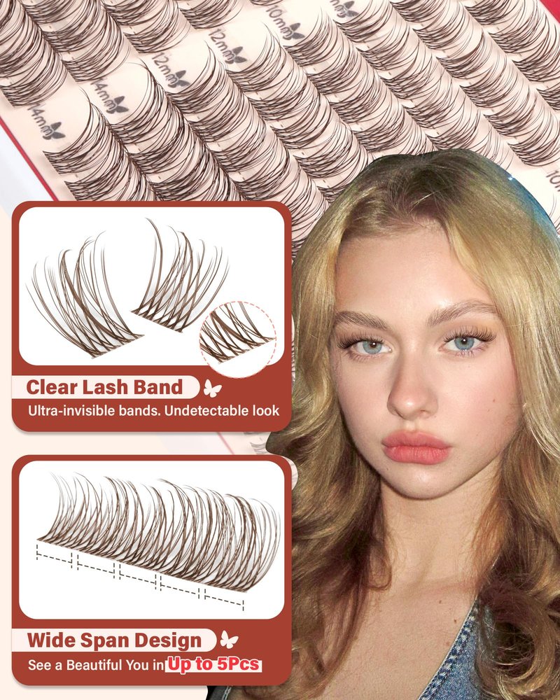 Short Brown Lash Clusters 10-12-14MM Natural Eyelash Clusters Clear Band Wispy Cluster Eyelash Extensions C-Curly Short Lashes Clusters Brown Natural Cluster Lashes 144Pcs by Zegaine