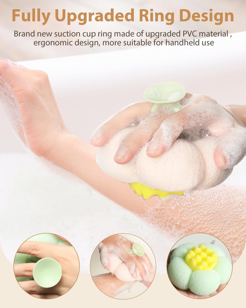 2 Pcs Bath Sponge, 2026 Upgrade Super Soft Yellow Flower-Shaped Suction Cup Bath Sponge, Upgraded 2-in-1 Flower-Shaped Ball Exfoliating Bath loofah Cleaning Brush, Mesh Shower Body Sponge(2 Color