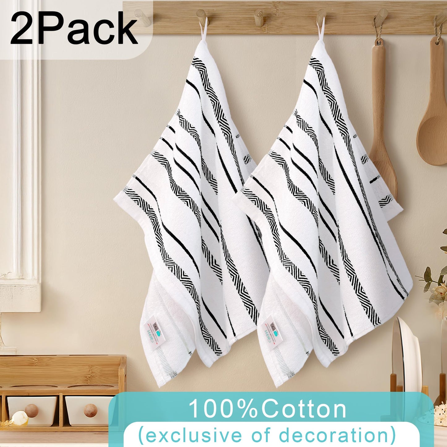 VOOVA & MOVAS Dish Towels for Kitchen Set of 2, 16"x26" - 100% Cotton | Soft | Absorb | Daily Use, Stripe Kitchen Hand Towels with Hanging Loop, White with Black Stripes