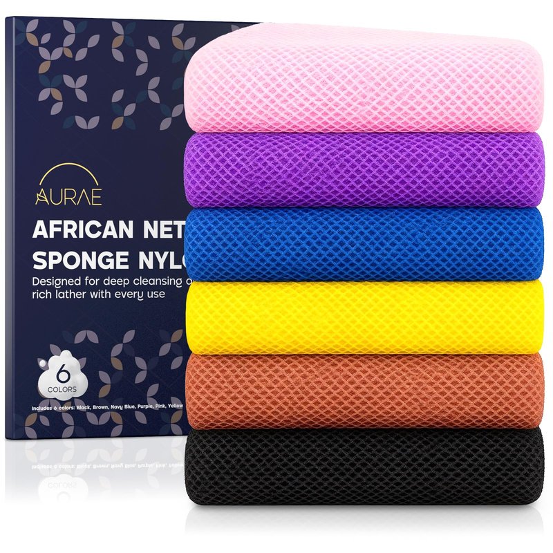 AURAE African Net Sponge – 6-Pack Exfoliating Body Scrubbers, Quick-Drying, Multi-Color