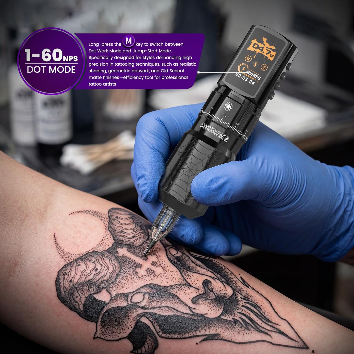 Wormhole 2 PCS 2300mAh Batteries Tattoo Kit Wireless Tattoo Gun Kit with 7 Adjustable Strokes, Smart Display with 3 Memory Slots, 3 Working Modes, 2 Tattoo Inks for Lining & Shading WTK0256