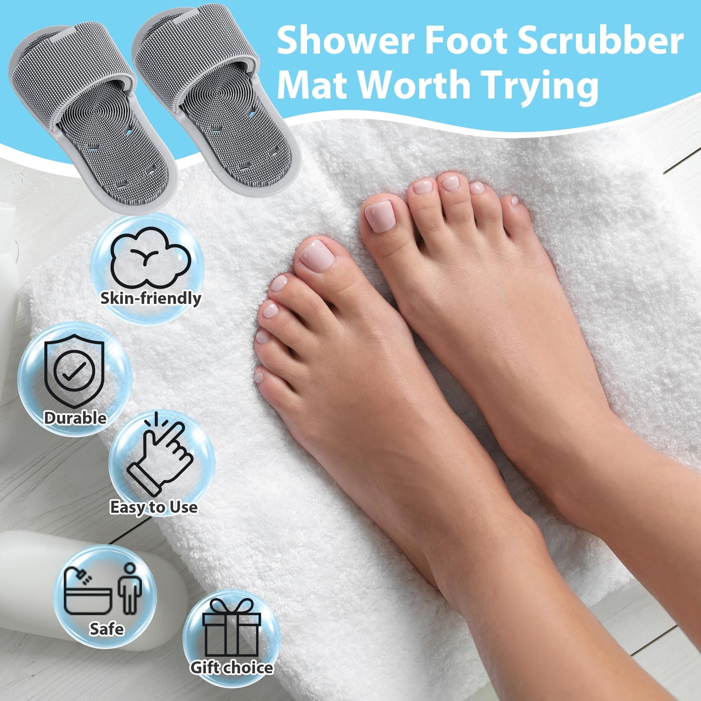 Enhon 2 Pack Shower Foot Scrubber, Silicone Foot Brush Cleaner with Non Slip Suction Cups, Clean, Exfoliate and Massage Feet No Bend in The Shower or Bath, Relax Your feet and Eliminate Fatigue