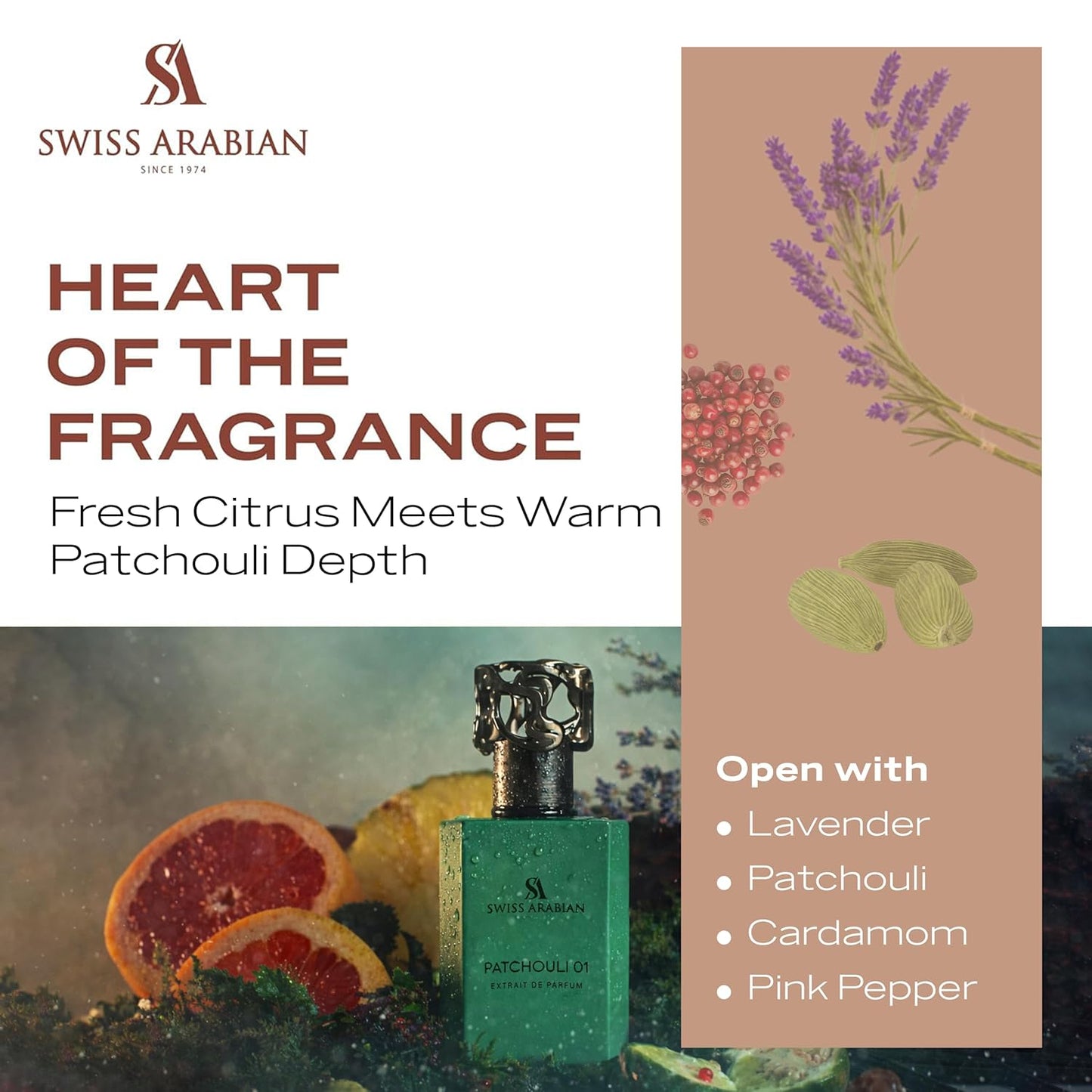 Swiss Arabian Patchouli 01 Cologne - Long Lasting Unisex Eau de Parfum with Lavender Mint Notes | 50ml Heritage Collection