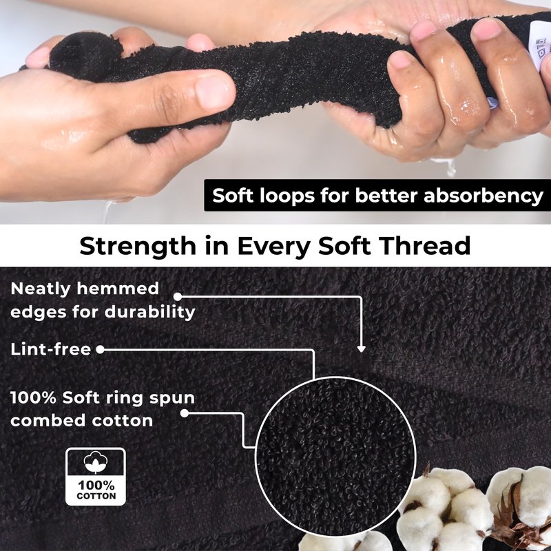 LIVINATI Black 100% Cotton Wash Cloths for Showering Body and Face - 12"X12" 12 Pack Washcloths - Small Terry Towel Bath Rags for Adults and Kids Bathroom - Soft Absorbent