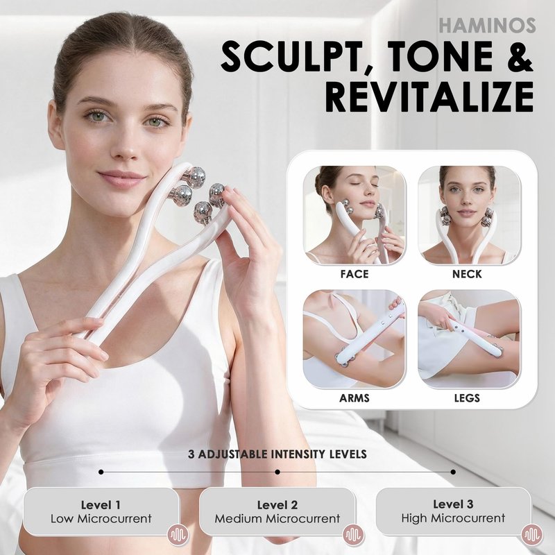 HAMINOS Microcurrent Facial Massager with 3D Roller, 3 Intensity Levels, Face Sculpting Tool for Jawline, Neck, Arms and Legs, Rechargeable Face Massage Tool for Skincare Routine