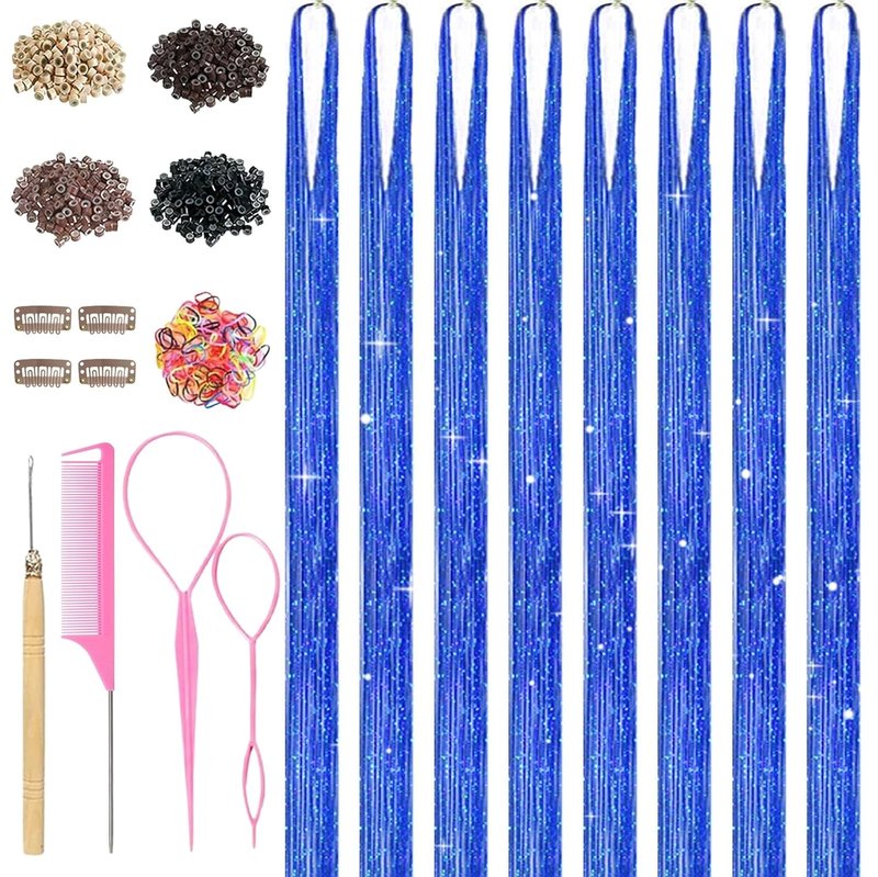 Blue Hair Tinsel, 8 Pcs Fairy Hair Tinsel Kit for Girls Women 48 Inch 3200 Strands with Tools Hair Accessories Glitter Tinsel Hair Extensions for Party Festival Christmas (Blue)