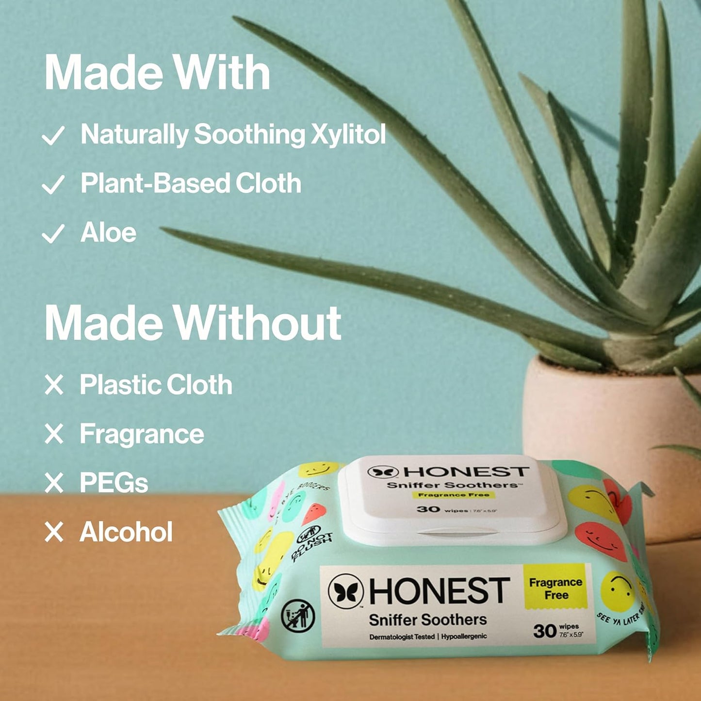 The Honest Company Plant-Based Snot Removing Wipes - Soothing Aloe Formula for Sensitive Skin | 30 Count
