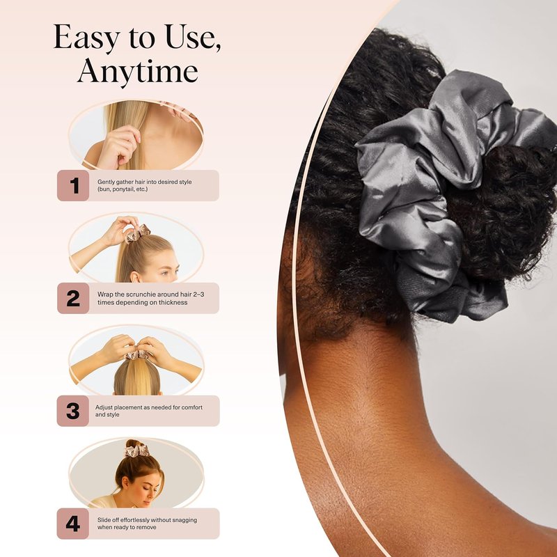Satin Scrunchies for Women - No Crease, Frizz Control | Softer Than Silk Hair Accessories - Charcoal & Gold, 2pcs