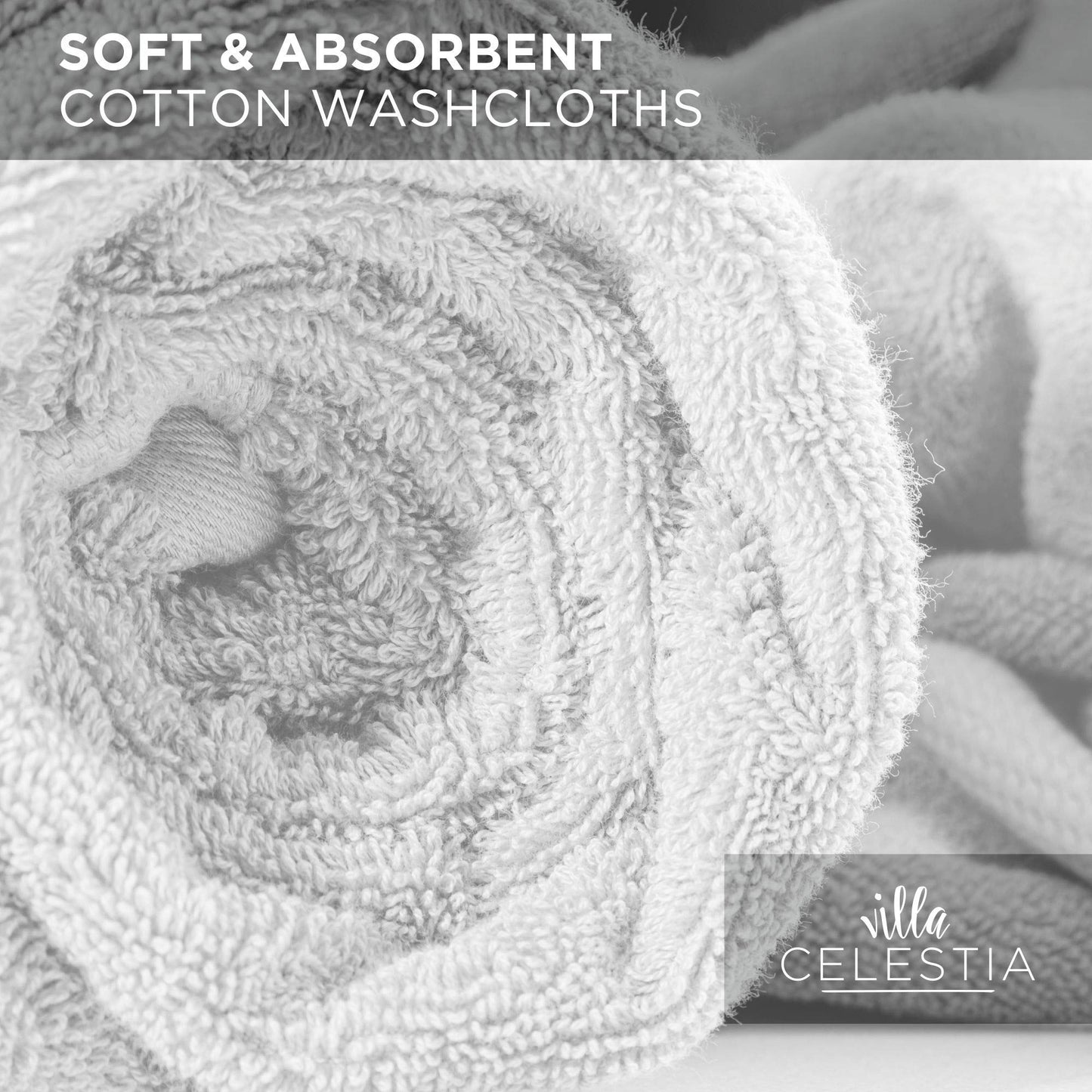 Villa Celestia Cotton Washcloths Set of 12, 12x12 Inch, 100% Ring-Spun Combed Cotton, Soft Absorbent Quick-Dry Wash Cloths for Face and Body, Oeko-TEX Certified, Hotel & Spa Quality, White
