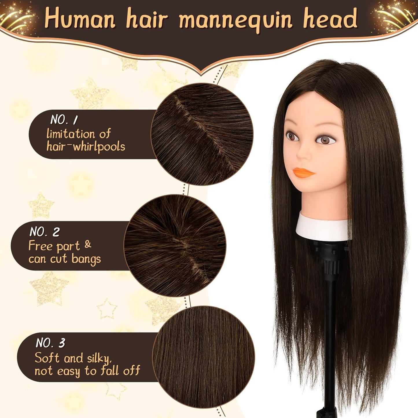 Yofuly 26" Dark Brown Mannequin Head - 70% Human Hair Training Head with Clamp & Styling Tools