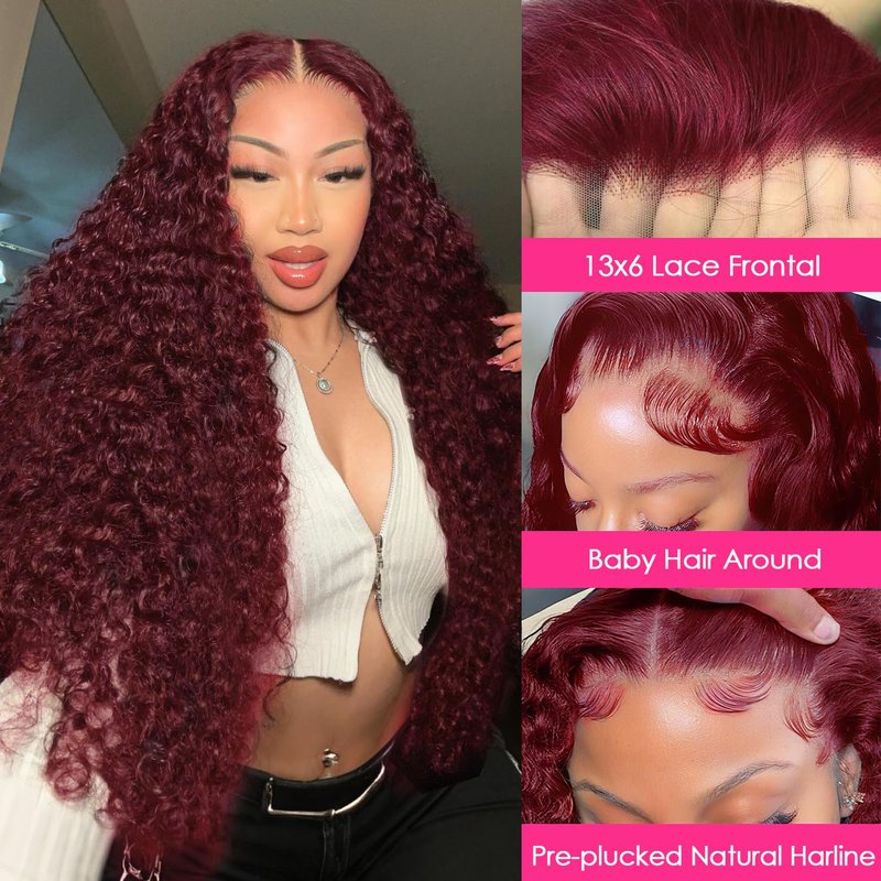 Deep Wave Lace Front Wig - 30 Inch 99J Burgundy Human Hair | HD Transparent, 200% Density, Pre-Plucked