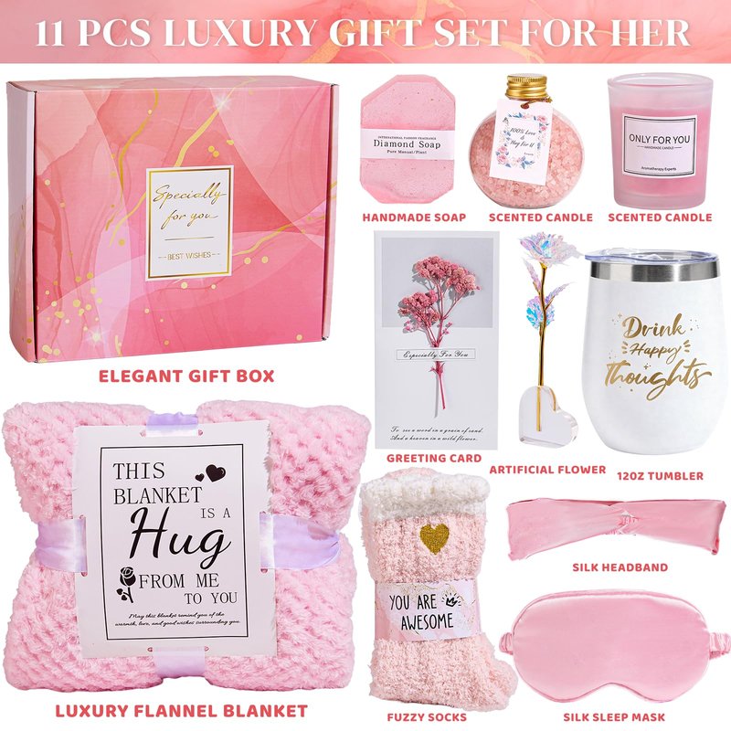 Mothers Day Birthday Gifts for Women Self Care Gift Get Well Soon Gifts, Rose Relaxing SPA Gift Basket Care Package, Luxury Flannel Blanket Mother's Day Gift for Mom Her Wife Grandma Daughter Pink