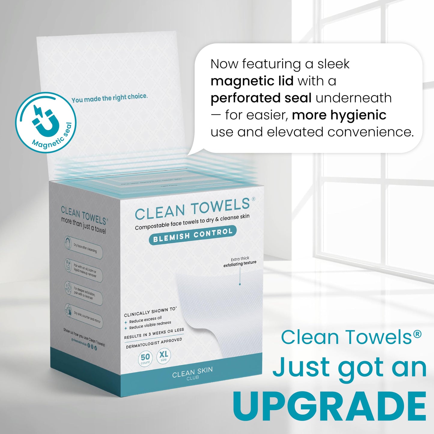 Clean Skin Club Blemish Control Clean Towels® XL, Compostable Face Towels, Eczema Association Accepted Disposable Face Towelette, Makeup Remover Dry Wipes, 2 Packs, 100 Ct Total