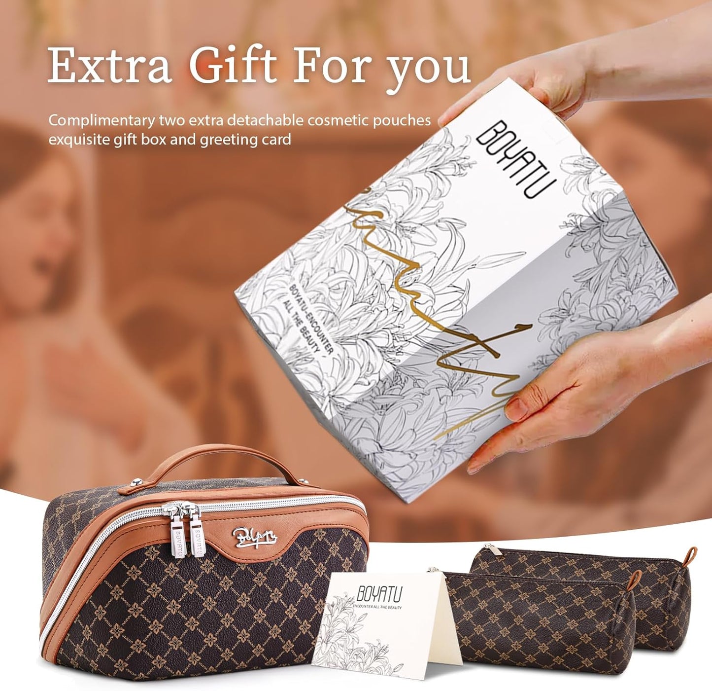 Travel Makeup Bag Set - Large Portable Vegan Leather Organizer | 3 Pcs with Handle - Ideal for Toiletries & Essentials (Coffee)