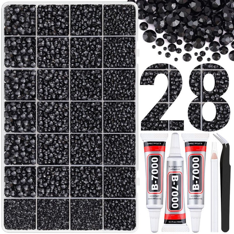 30000Pcs Resin Rhinestones for Bedazzling with Tweezers, Black Rhinestones for Crafting with 3Pcs 10ml B7000 Jewelry Glue for DIY Crafts Clothing Tumblers Shoes Fabric Nail Art