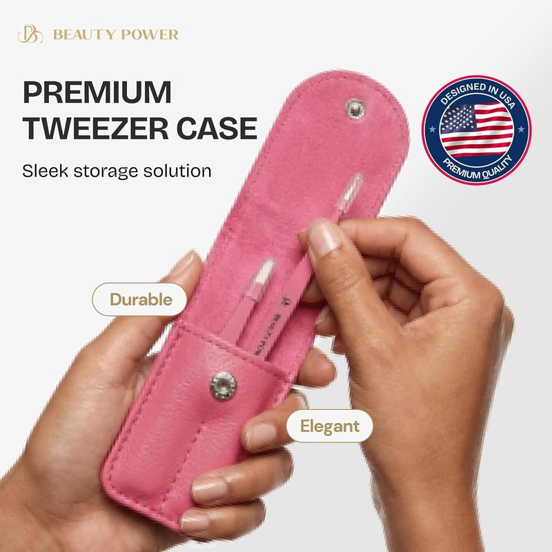 Beauty Power Professional Tweezers Set – Slant & Point, Ultra Precision German Stainless Steel Tweezers for Eyebrows, Chin, Ingrown Hair & Facial Grooming – Lightweight with Case - Gift Idea - Pink