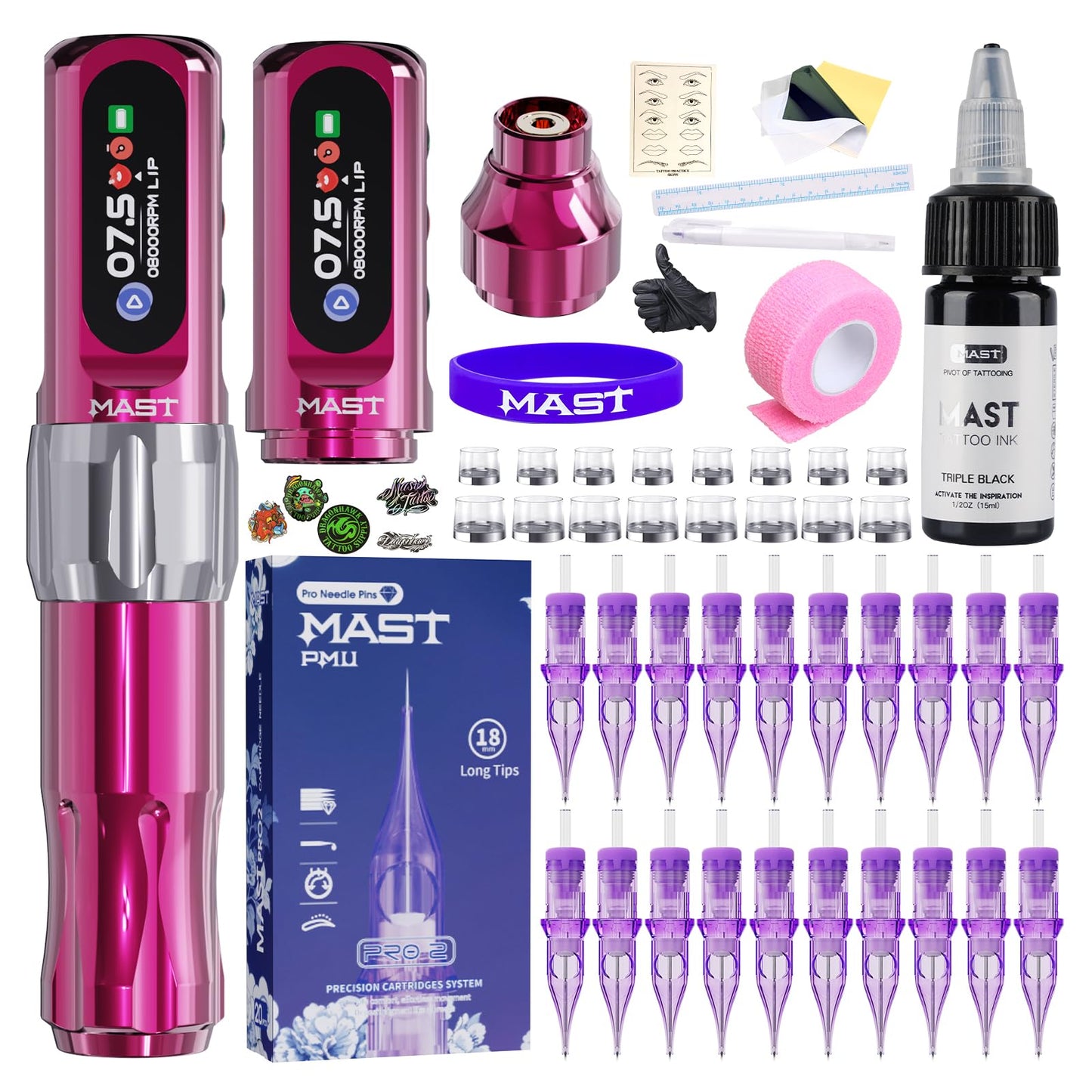 Mast Tattoo Tour2 Pro Wireless Tattoo Kit, 111g/3.9oz Lightweight PMU Machine with 2 Batteries, RCA Adapter, Tattoo Needles, Ink & Practice Supplies for Permanent Makeup and Fine Line Work