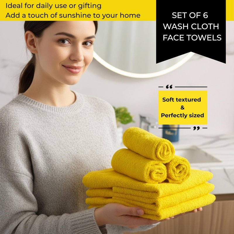 LIVINATI Yellow 100% Cotton Wash Cloths for Showering Body and Face - 12"X12" 6 Pack Washcloths - Small Terry Towel Bath Rags for Adults and Kids Bathroom - Soft Absorbent
