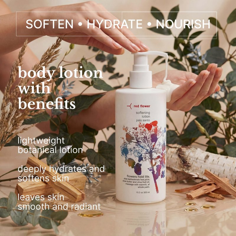 Red Flower Palo Santo Softening Lotion – Deep Hydration & Skin Repair Body & Hand Lotion with Shea Butter & Olive Fruit Oil, Vegan, Sulfate-Free, 10 oz