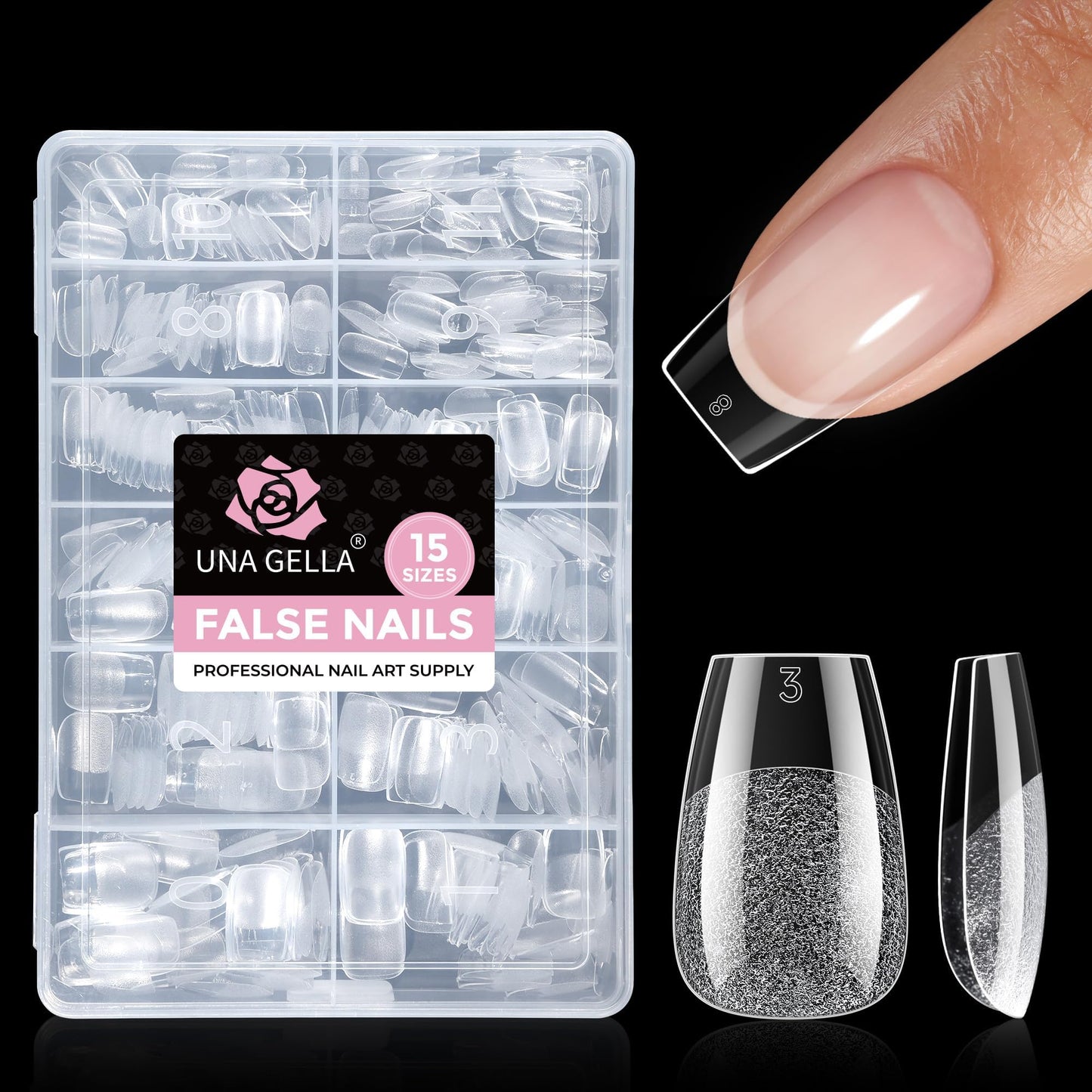 UNA GELLA Gel Nail Tips Coffin Short, 15 Sizes Short Coffin Press On Nails, Pre-Etched 300pcs Soft Gel Nail Tips Full Cover For Nails Extension Home DIY Salon