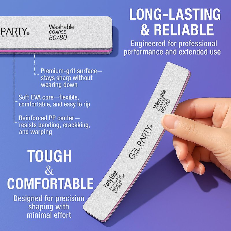 GELPARTY Professional Nail Files 80/80 Grit Square - 25 Pack Bulk Washable Emery Boards - Extra Coarse Grit for Removing Acrylics & Hard Gel Extensions (Salon Value Set)