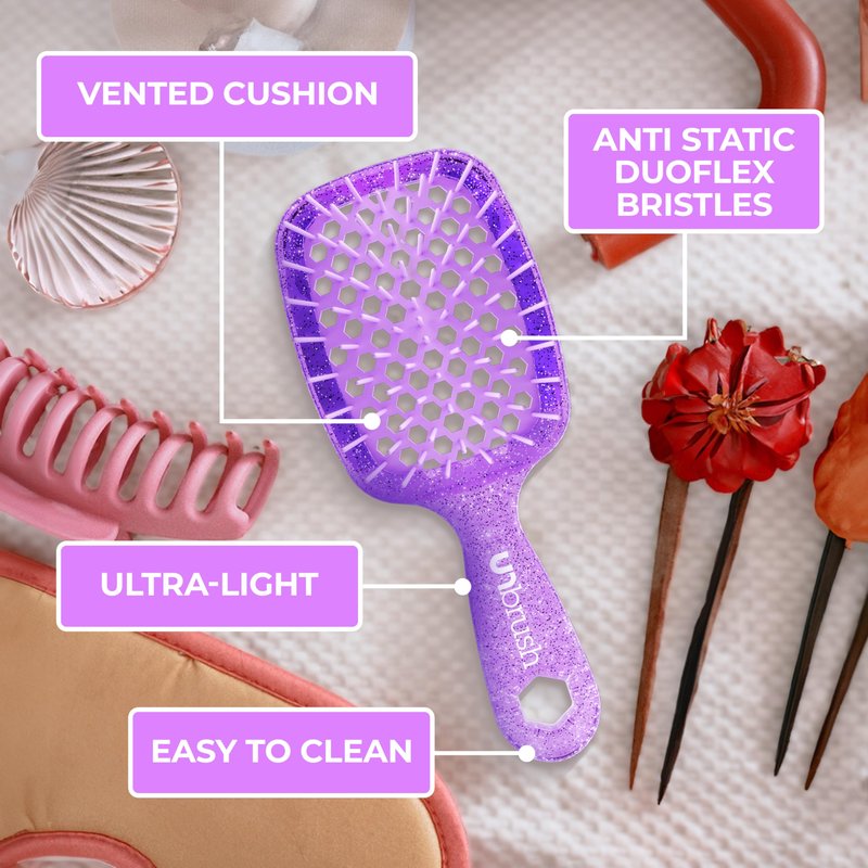 FHI Heat UNbrush Mini Detangler Brush for Pain-Free Brushing on All Wet or Dry Hair Types — Durable Duoflex Anti-Static Bristles, Lightweight Handle, Vented Mini Hair Brush, Amethyst Lavender