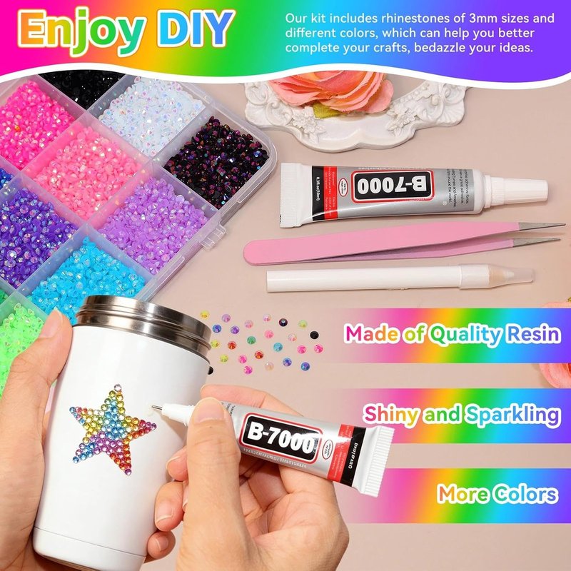 Skiennix 16000 Pcs Color Rhinestones - 3mm Mixed Sizes Flatback Resin Gems for DIY Crafts & Makeup