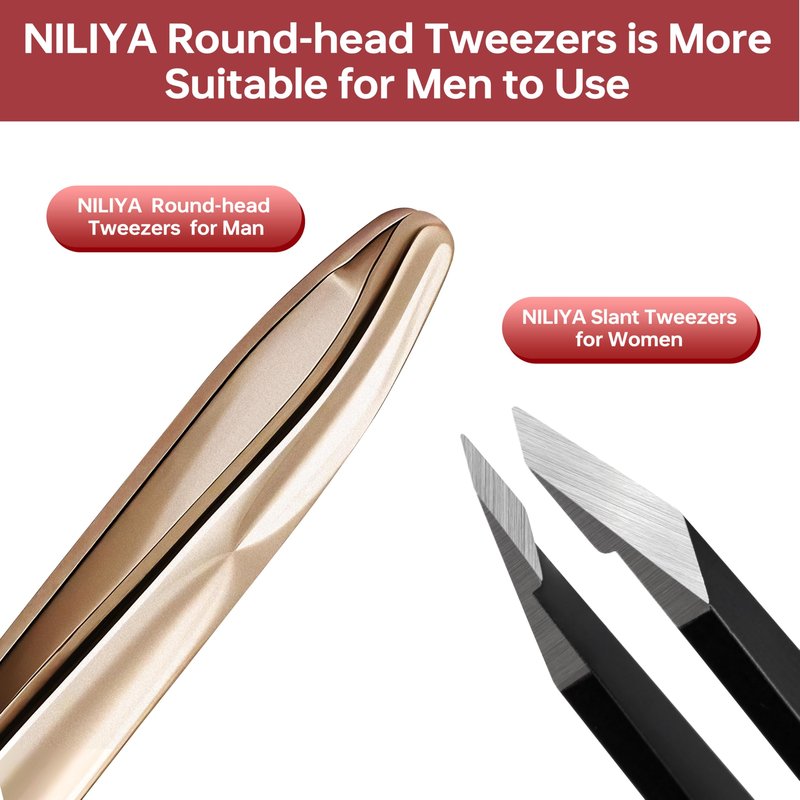 NILIYA Tweezers for Man, Professional Round Tips Plucker for Chin, with Leather Travel Case (Light Gold)