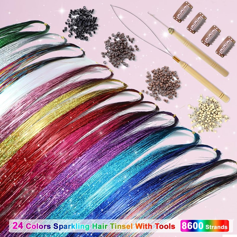 AIFIHIYI Hair Tinsel Kit With Tools Fairy Tinsel Hair Extensions Heat Resistant Sparkling Shiny Glitter Hair Tensile Kit for Women Girl Kids