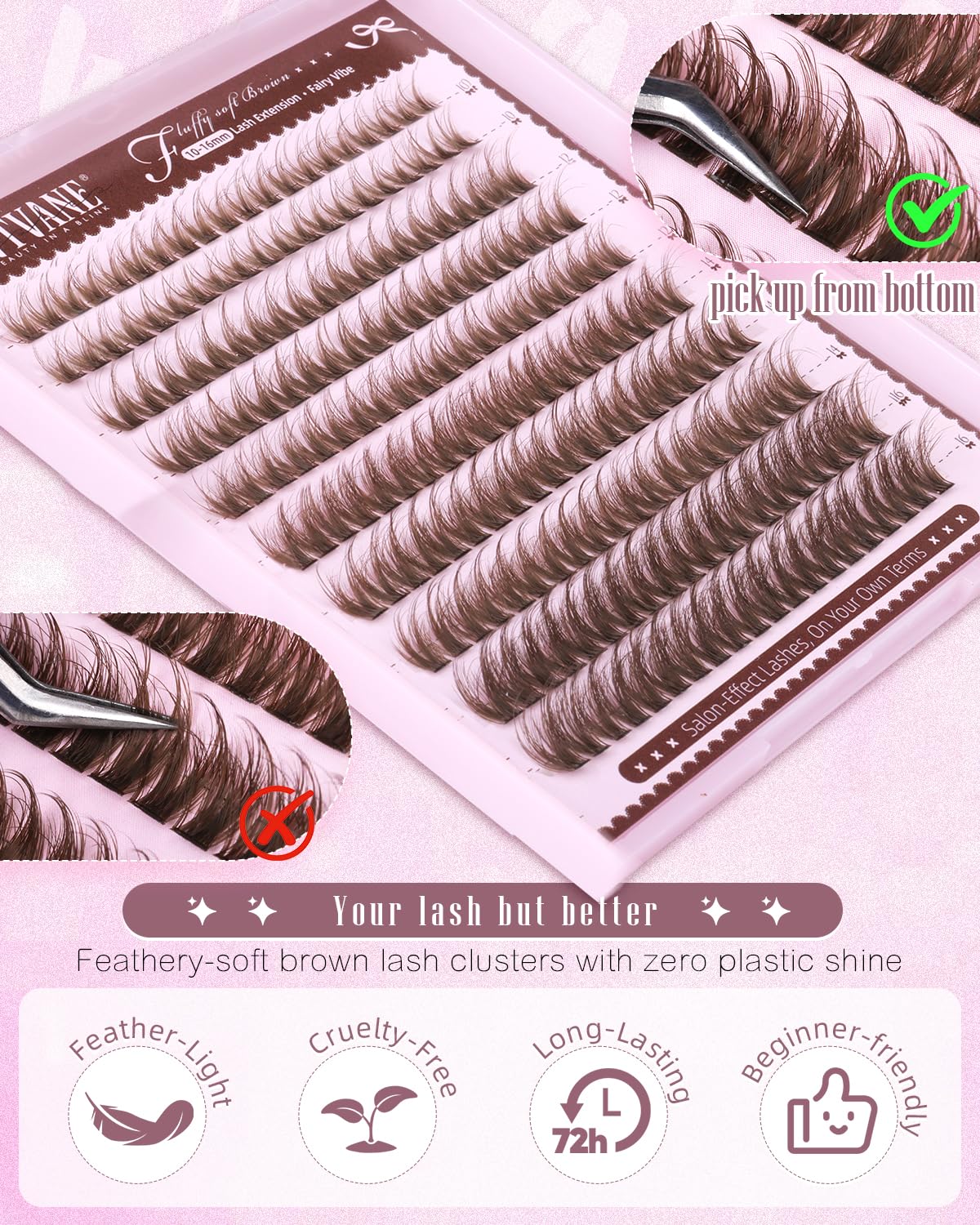 Wtvane Brown Lash Clusters Fluffy Eyelash Clusters 10-16mm Natural Cluster Eyelash Extensions Wispy Lashes Clusters Dark Brown Fairy Individual Lashes with Soft Thin Band for Natural Fluffy Look