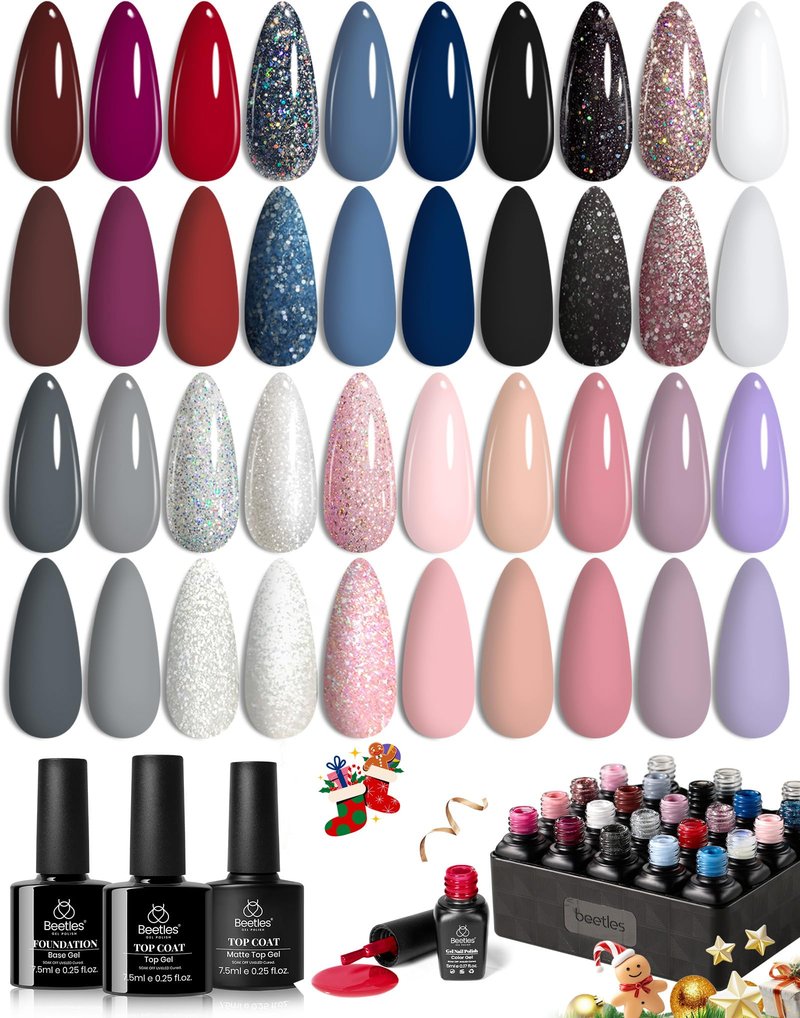 Beetles 23Pcs Gel Nail Polish Kit 20 Colors with Base Gel Top Coat Orange Brown Burgundy Red Yellow Gel Polish Set Soak off Uv Golden Glitter Holiday Nail Art Gift for Girls
