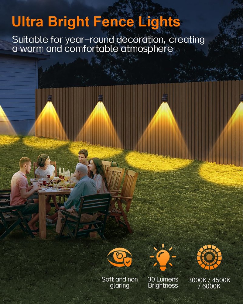 High Brightness Solar Fence Lights Outdoor, Larger Size Solar Lights with Dual Solar Panels, Waterproof Fence Lights Solar Powered for Stair, Step, Yard, Patio, Wall (8 Pack)