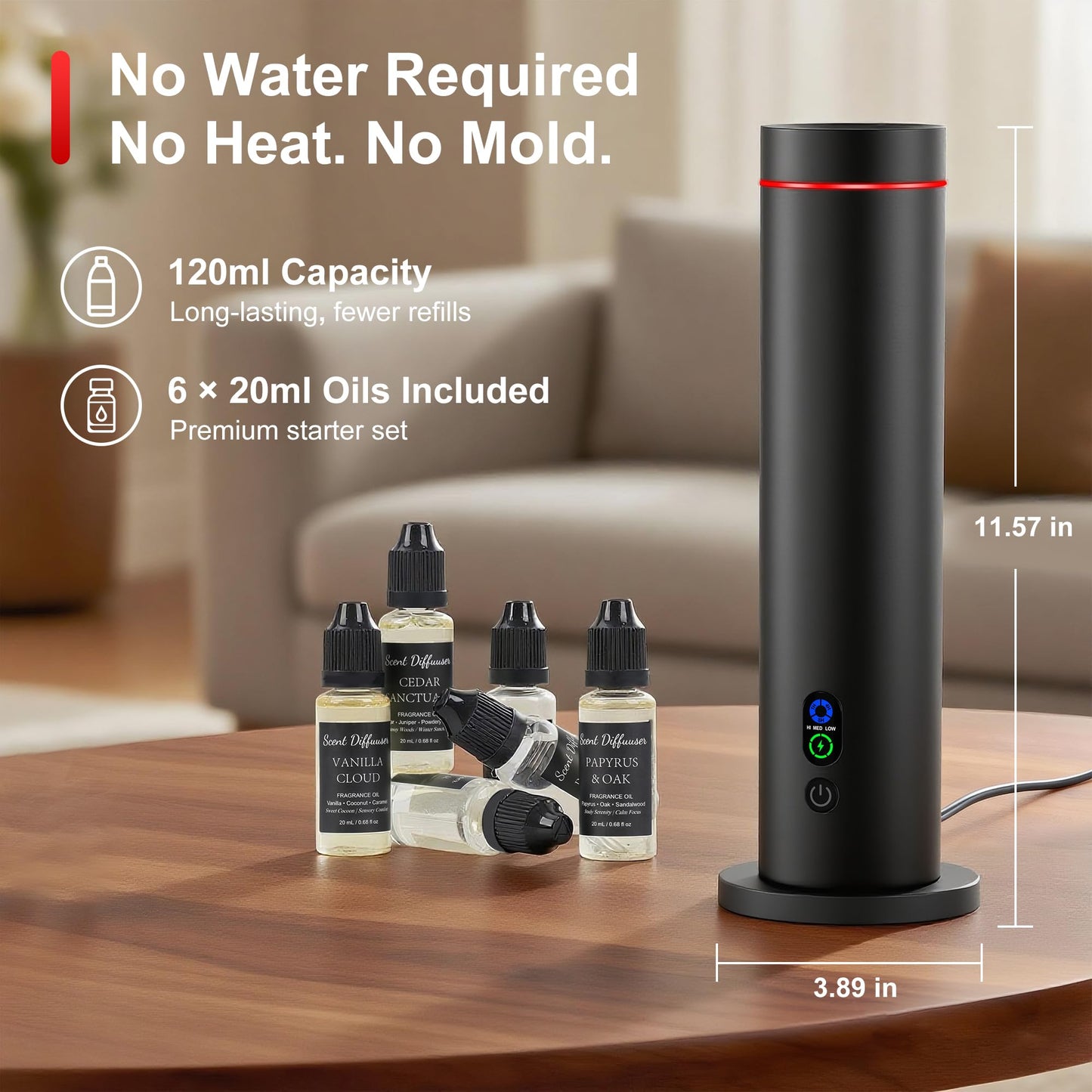 Waterless Diffuser, 1000 Sq.Ft Coverage, Essential Oil Diffuser– Plug-in Only, Remote Control, Adjustable Mist Mode, Mood Lights Aromatherapy Diffuser for Home, Large Room, Office, Hotel, Black