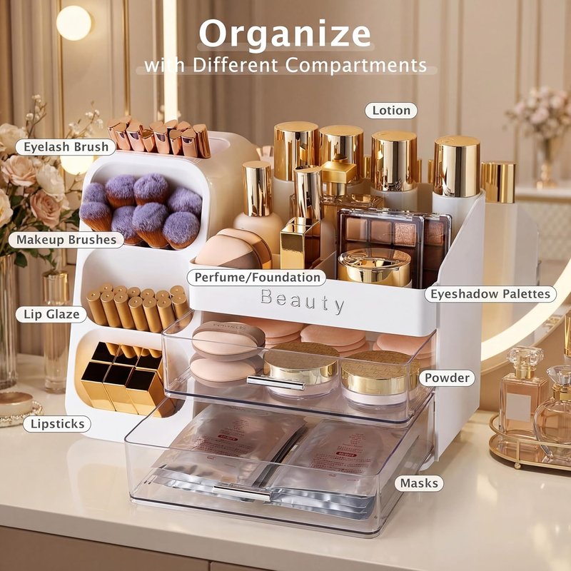 Skiennix Makeup Organizer - Spacious Vanity Storage with Brush Holder & Drawers for Cosmetics