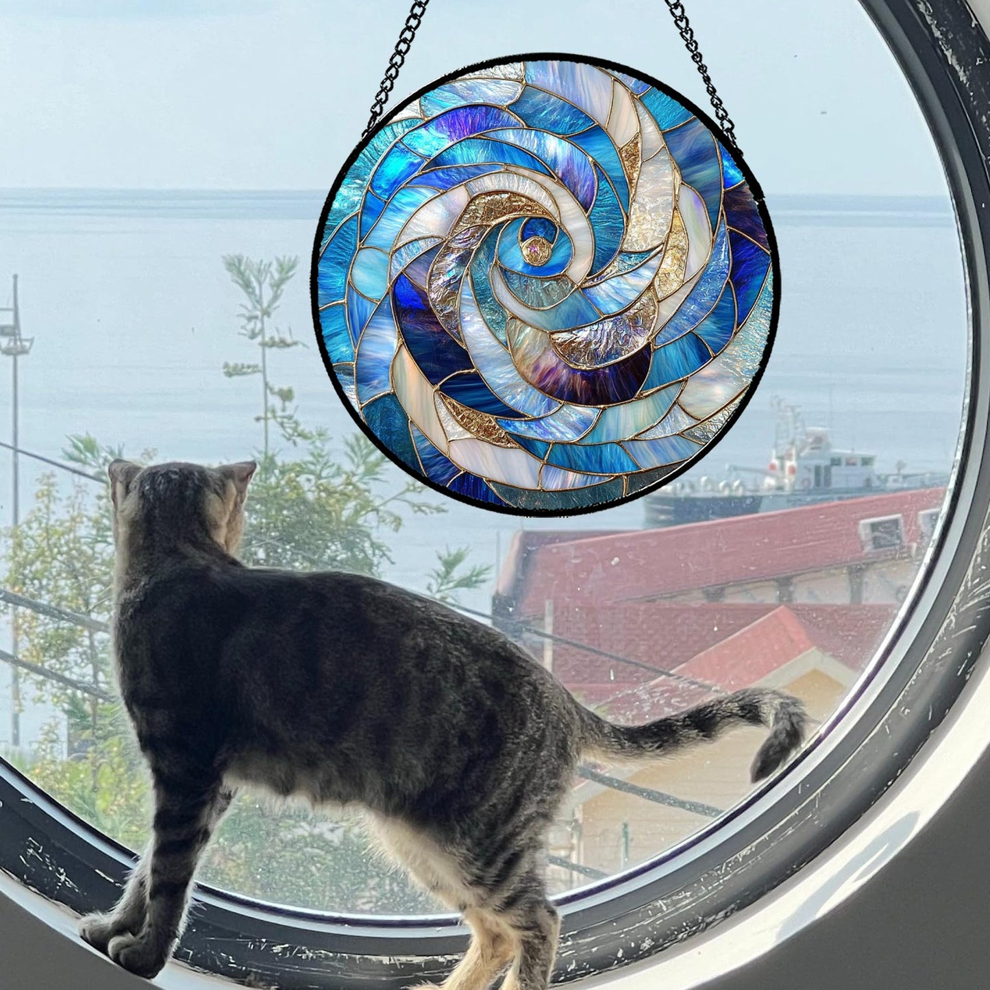 GEFOS Stained Glass Window Hanging Abstract Blue Golden Spiral Large 15" - Suncatcher Door Garden Sunroom Sun Catcher Home Decor Housewarming Birthday for Mom Grandma Men Woman