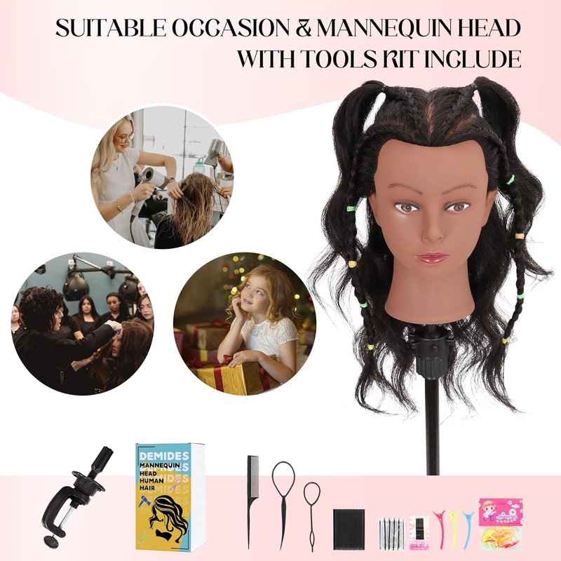 Mannequin Head 100% Real Human Hair 16", Mannequin Head Human Hair Cosmetology Doll Head for Hair Styling, Manikin Head for Braiding with Clamp Holder（Black）