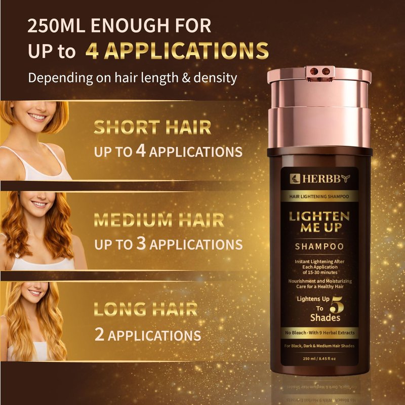 HERBBY Hair Lightening Shampoo, Bleach-Free with 9 Herbals Formula for Lightening Black, Dark & Medium Hair Colors – Instant Lightening with each use, No Damage – 250ml