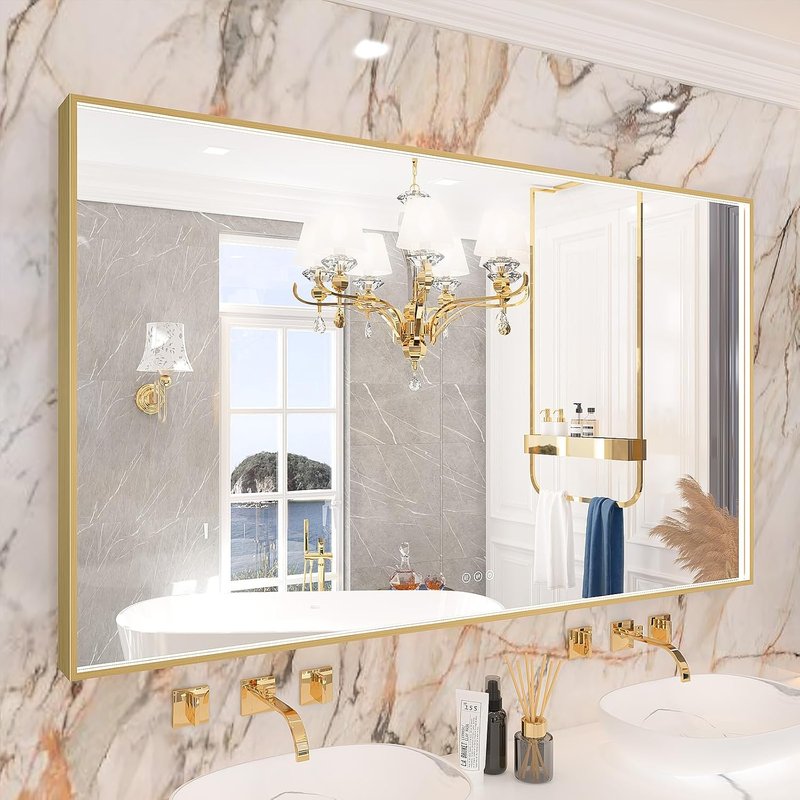 Gold Metal Framed LED Bathroom Mirror by [Brand Name] - 55x32 Inch Lighted Vanity Mirror with Anti-Fog & Dimmable Features